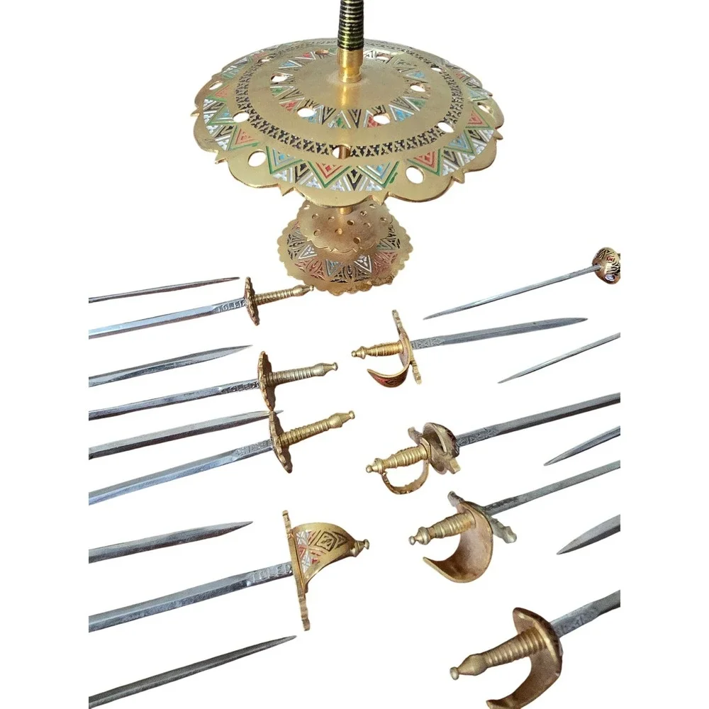 Vintage Toledo Spain Miniature Sword Cocktail Pick Set with Enameled Brass Stand - Picture 6 of 16